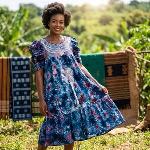 Handmade West African Damask Dress– Vintage 1980 Authentic Tie-Dye Boubou Kaftan